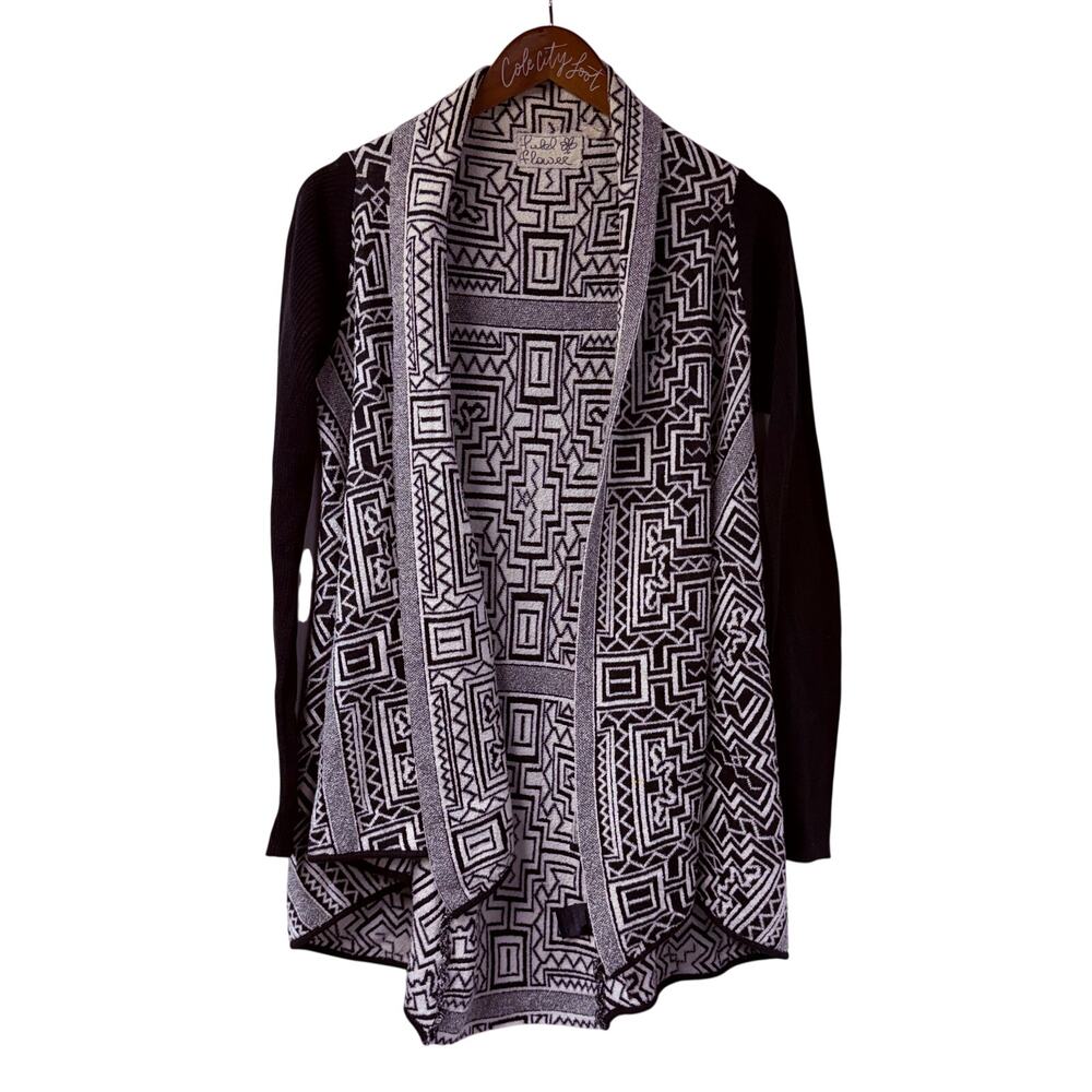 Field Flower Waterfall Cardigan Sweater Black White Knit Small Anthropologie